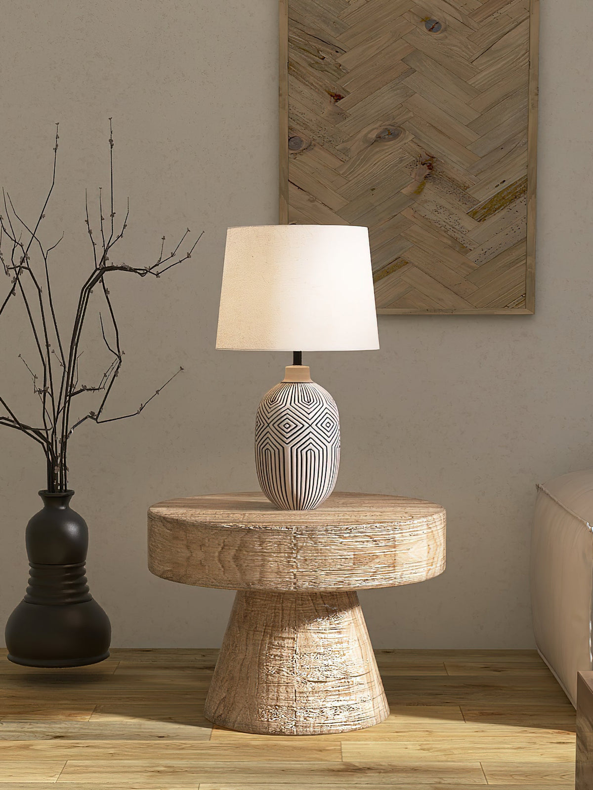 Pontarelli Table Lamp - Modern Sculptural Solid Wood & Fabric Shade Accent