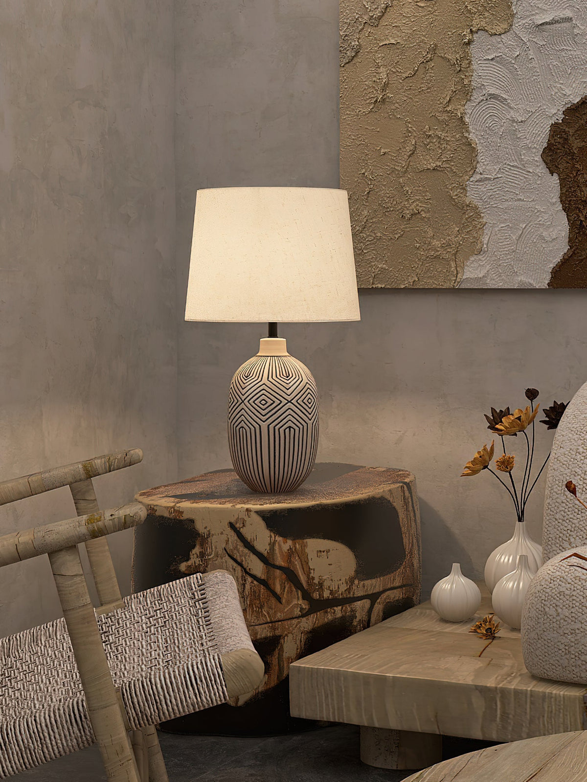 Pontarelli Table Lamp - Modern Sculptural Solid Wood & Fabric Shade Accent