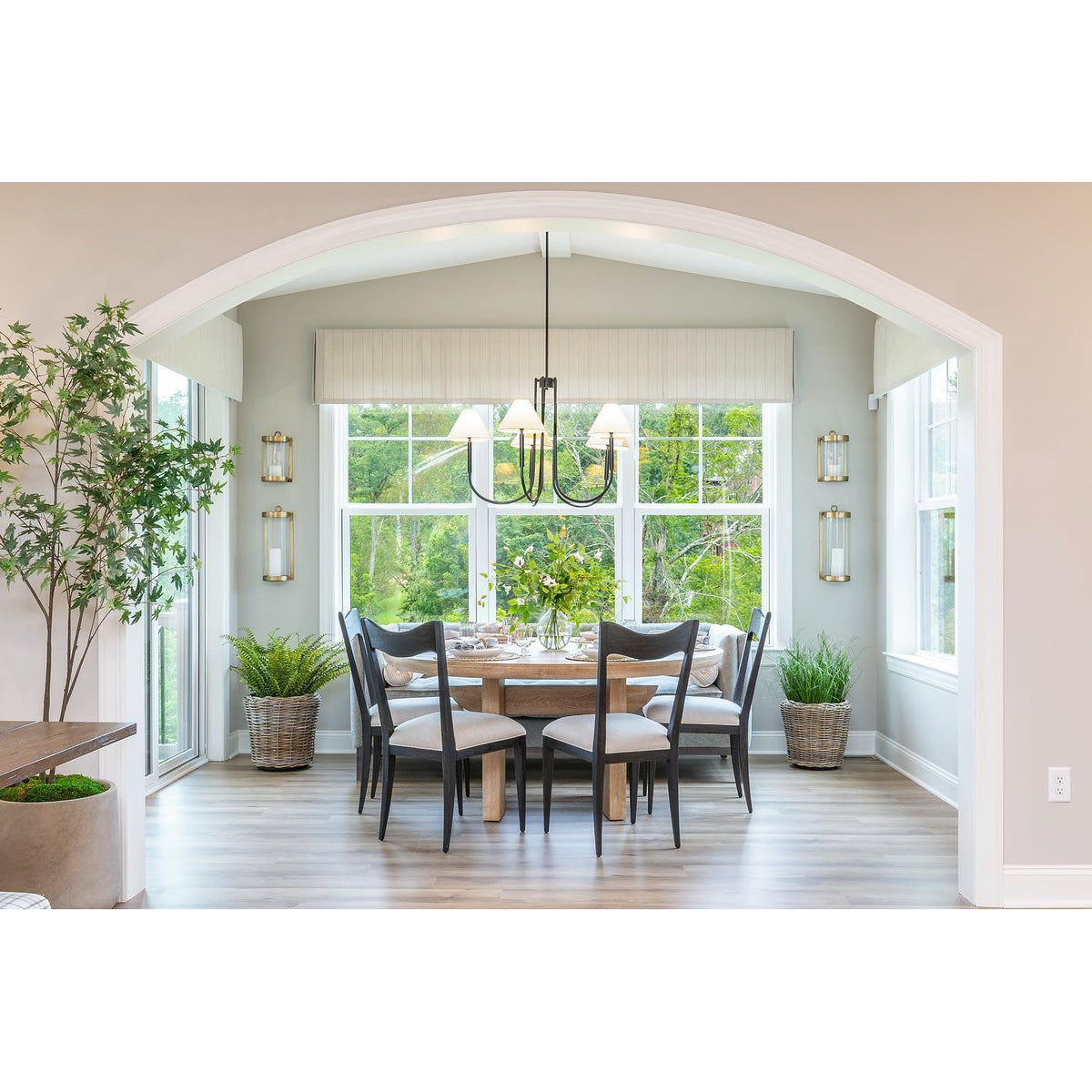 Porteau Chandelier - Modern Classic Swooping Brass & Fabric Shade Light