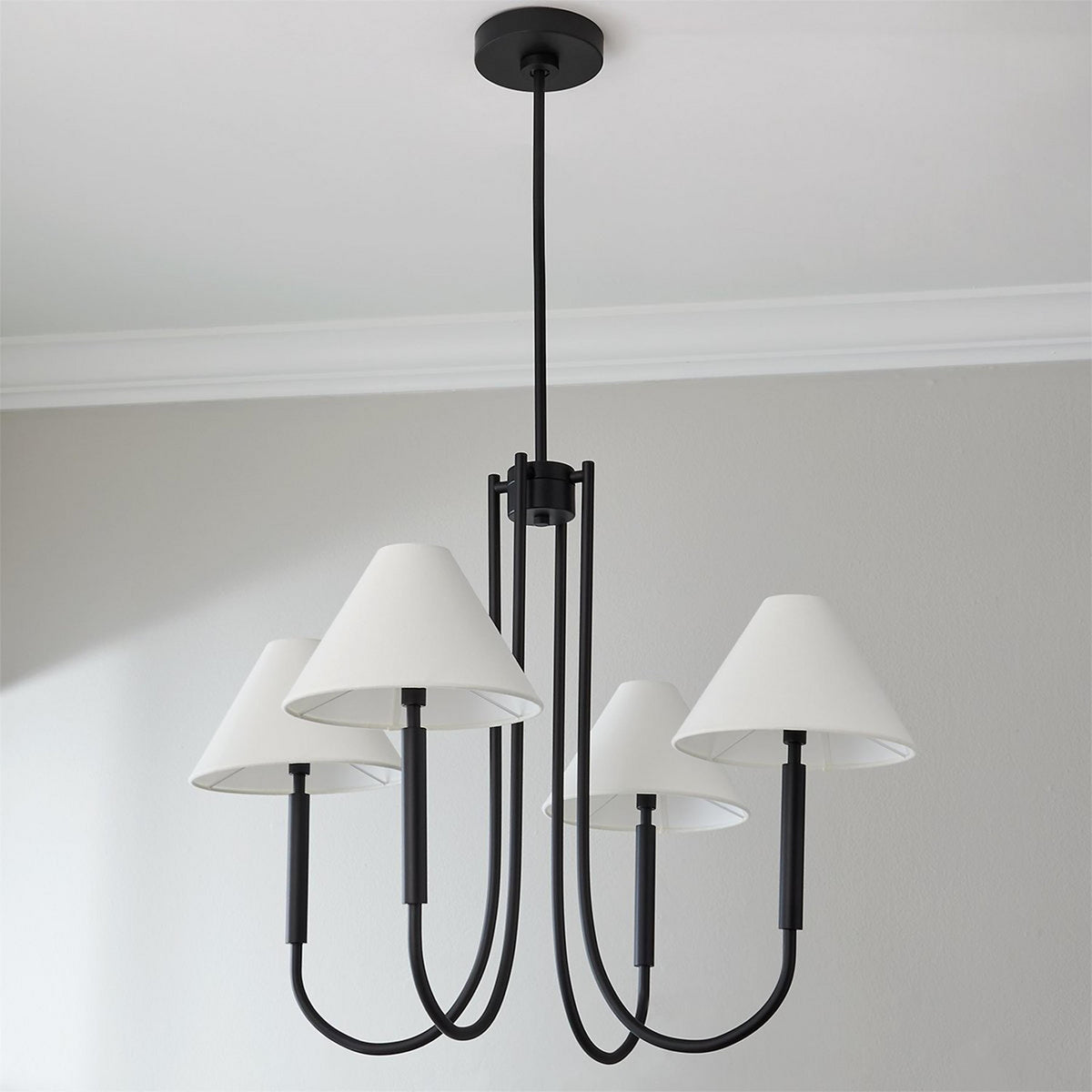 Porteau Chandelier - Modern Classic Swooping Brass & Fabric Shade Light