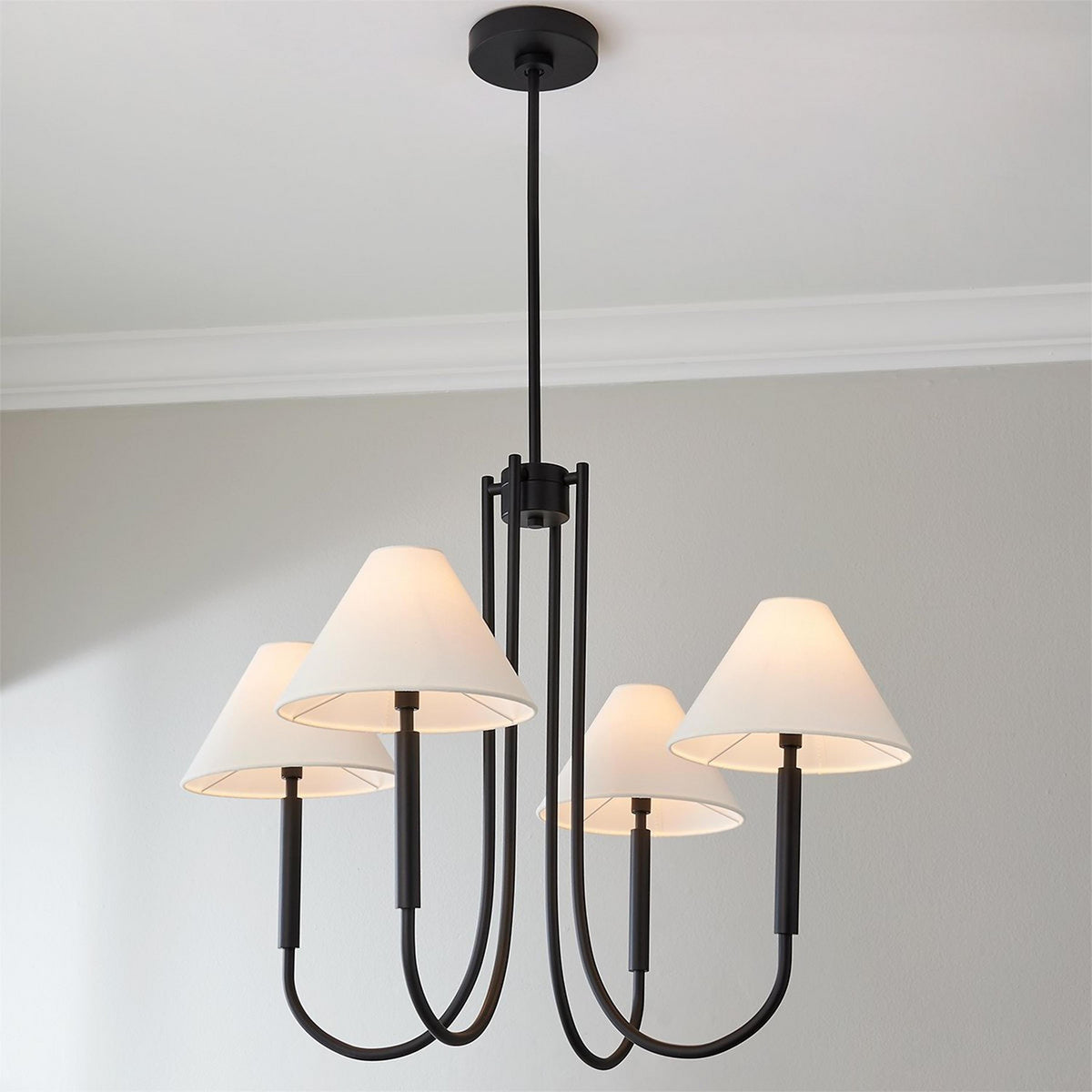 Porteau Chandelier - Modern Classic Swooping Brass & Fabric Shade Light