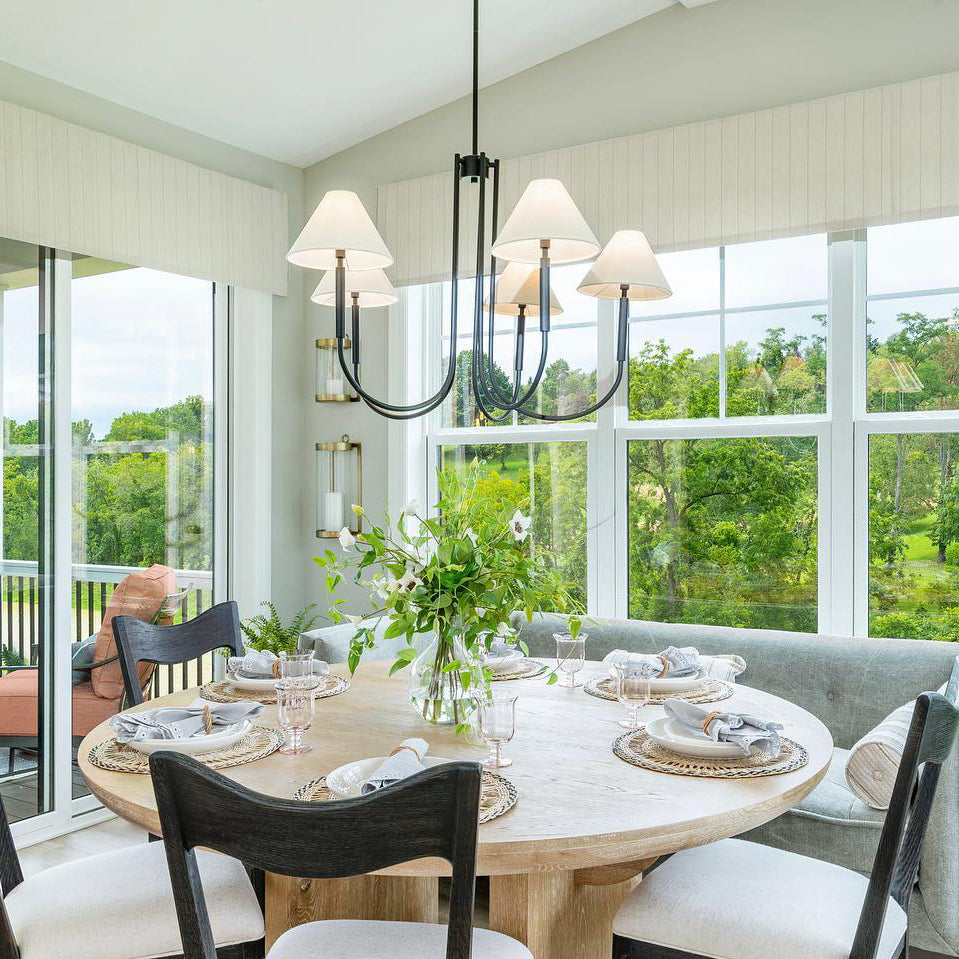 Porteau Chandelier - Modern Classic Swooping Brass & Fabric Shade Light