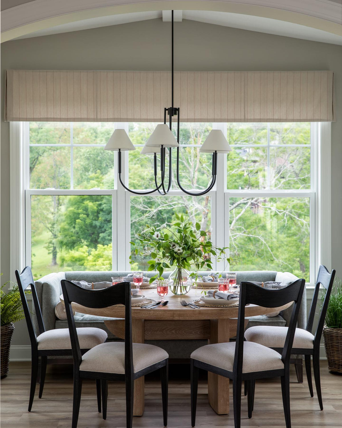 Porteau Chandelier - Modern Classic Swooping Brass & Fabric Shade Light