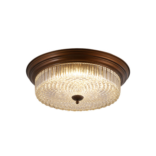 Retro Flush Ceiling Lamp - Crystal Glass Dome & Wood Grain Finish