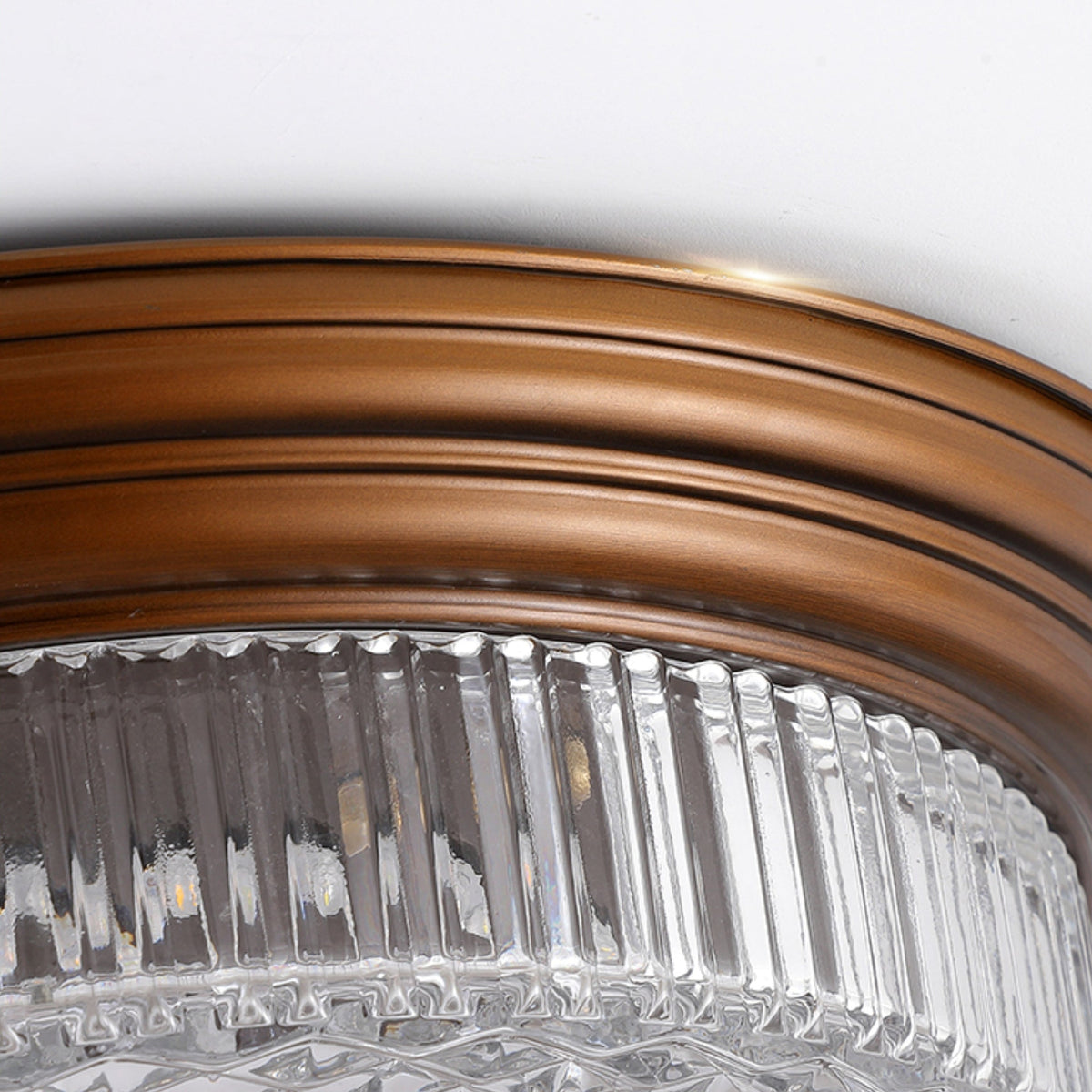 Retro Flush Ceiling Lamp - Crystal Glass Dome & Wood Grain Finish