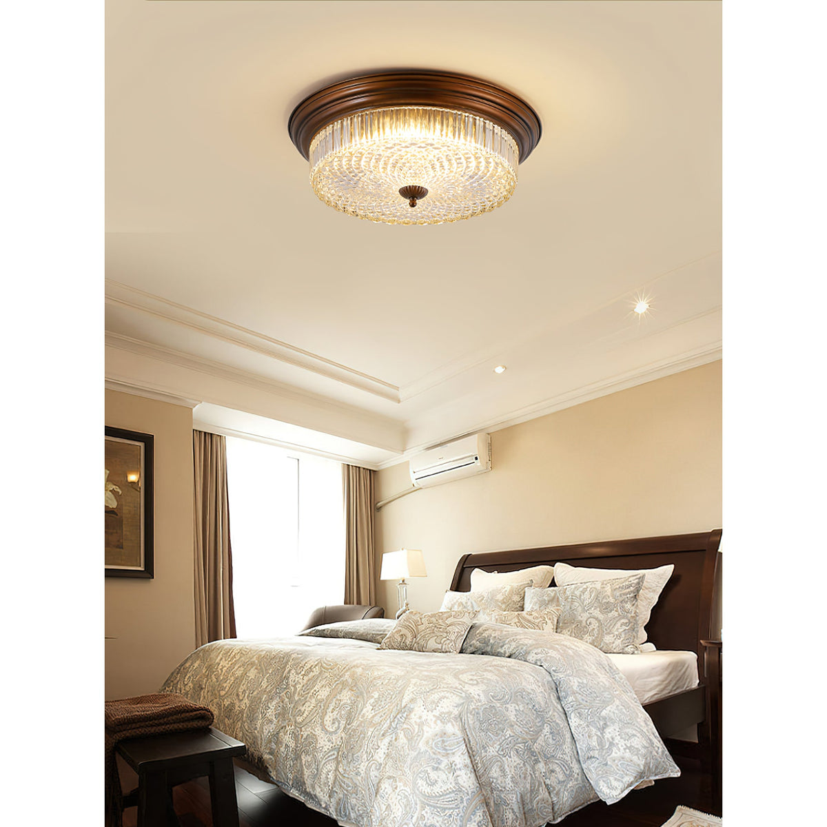 Retro Flush Ceiling Lamp - Crystal Glass Dome & Wood Grain Finish
