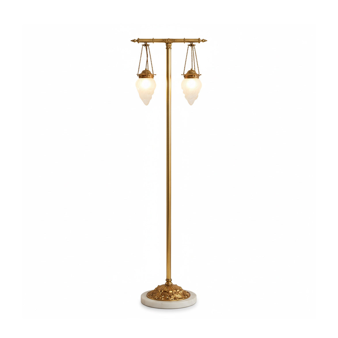 Priest Floor Lamp - Brass & White Glass Dual-Globe Marble Base Light