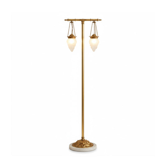 Priest Floor Lamp - Brass & White Glass Dual-Globe Marble Base Light