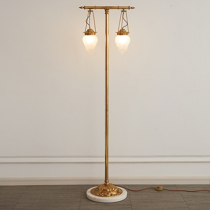 Priest Floor Lamp - Brass & White Glass Dual-Globe Marble Base Light