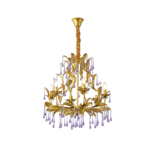 Purple Glass Birdcage Chandelier - Gold Iron & Murano-Style Droplet Light Fixture