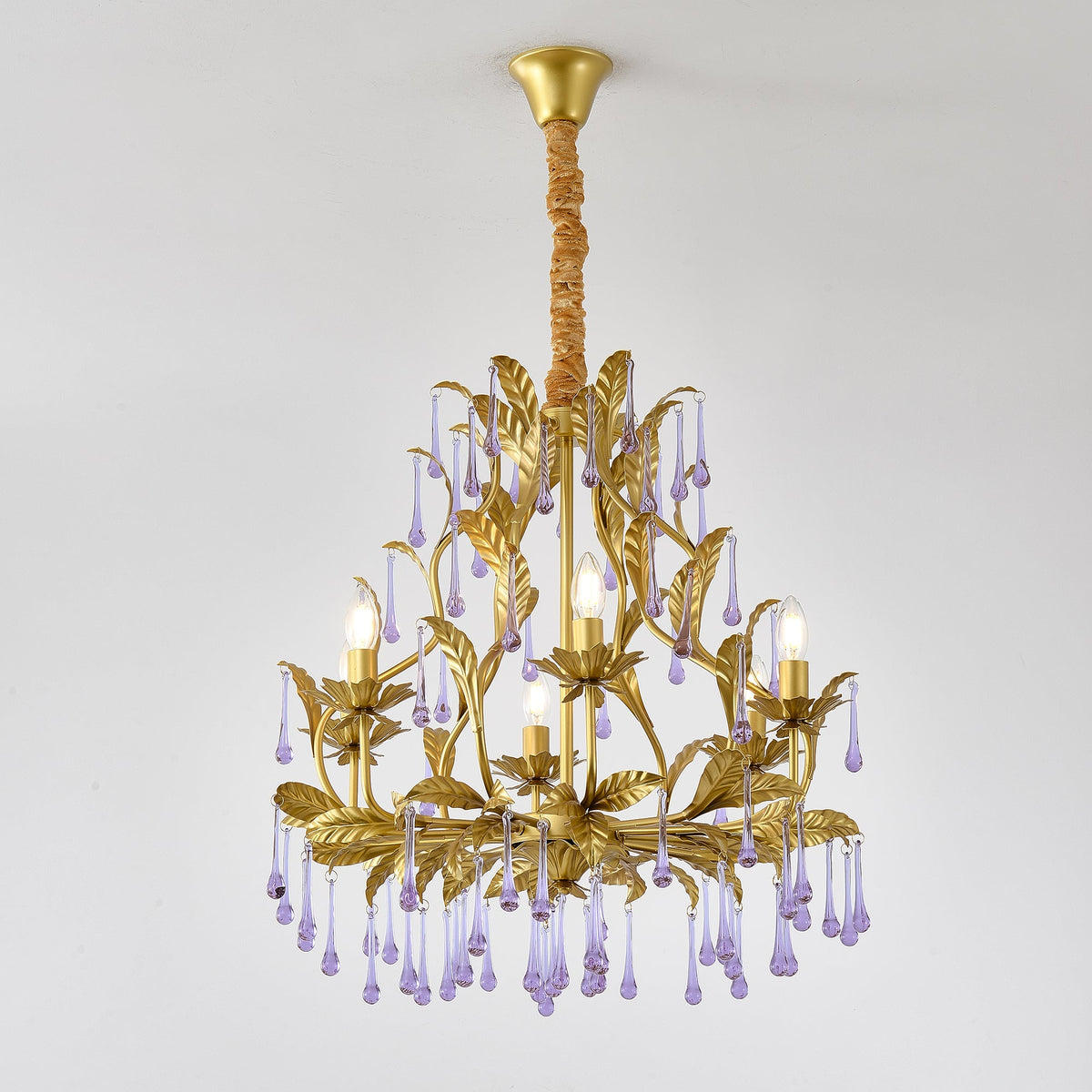 Purple Glass Birdcage Chandelier - Gold Iron & Murano-Style Droplet Light Fixture
