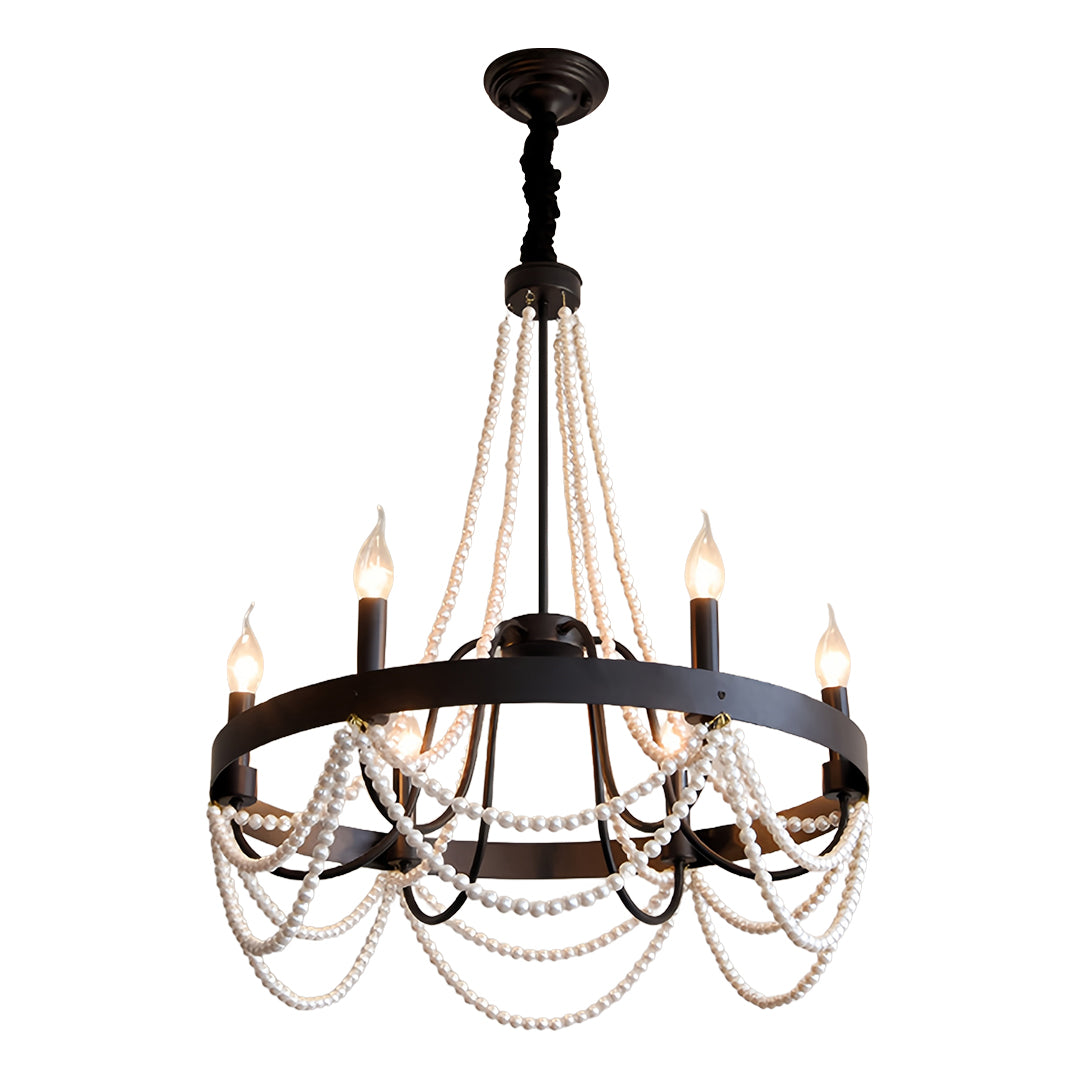 Vintage Wrought Iron Chandelier – French Artistic Pearl & Candlestick Ceiling Light