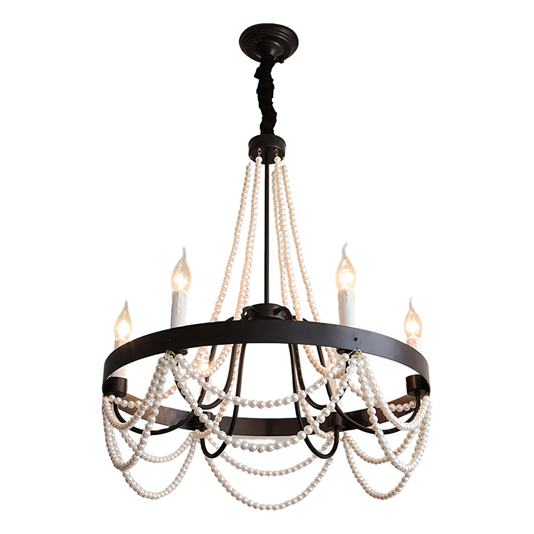 Vintage Wrought Iron Chandelier – French Artistic Pearl & Candlestick Ceiling Light