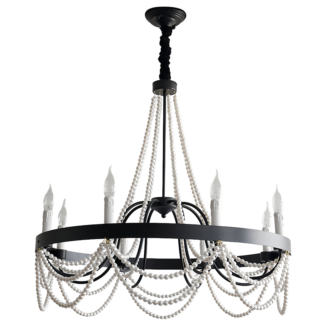 Vintage Wrought Iron Chandelier – French Artistic Pearl & Candlestick Ceiling Light