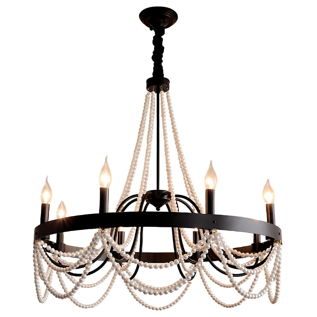 Vintage Wrought Iron Chandelier – French Artistic Pearl & Candlestick Ceiling Light