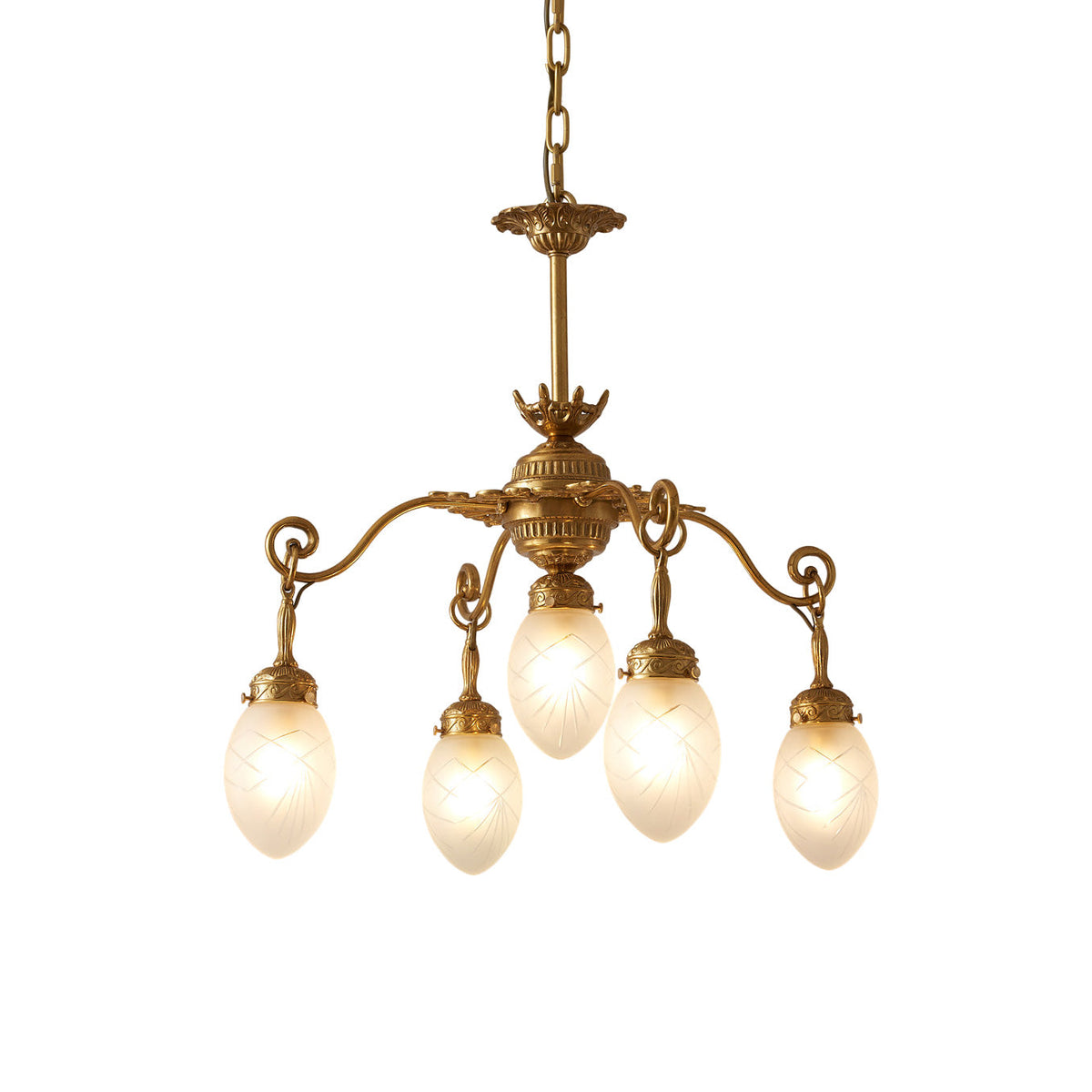 Quezal Chandelier - Architectural Brass & Glass Shade Light