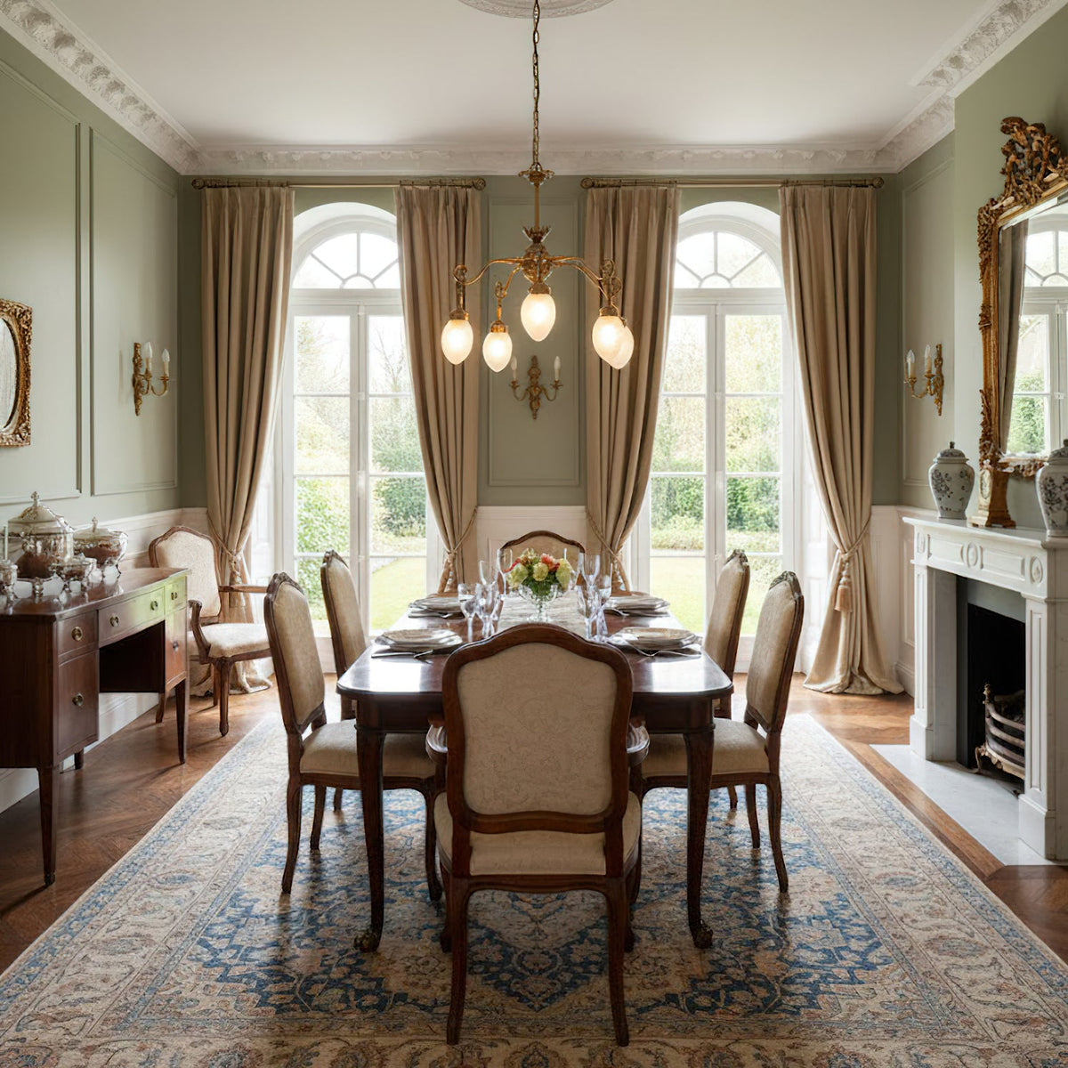 Quezal Chandelier - Architectural Brass & Glass Shade Light