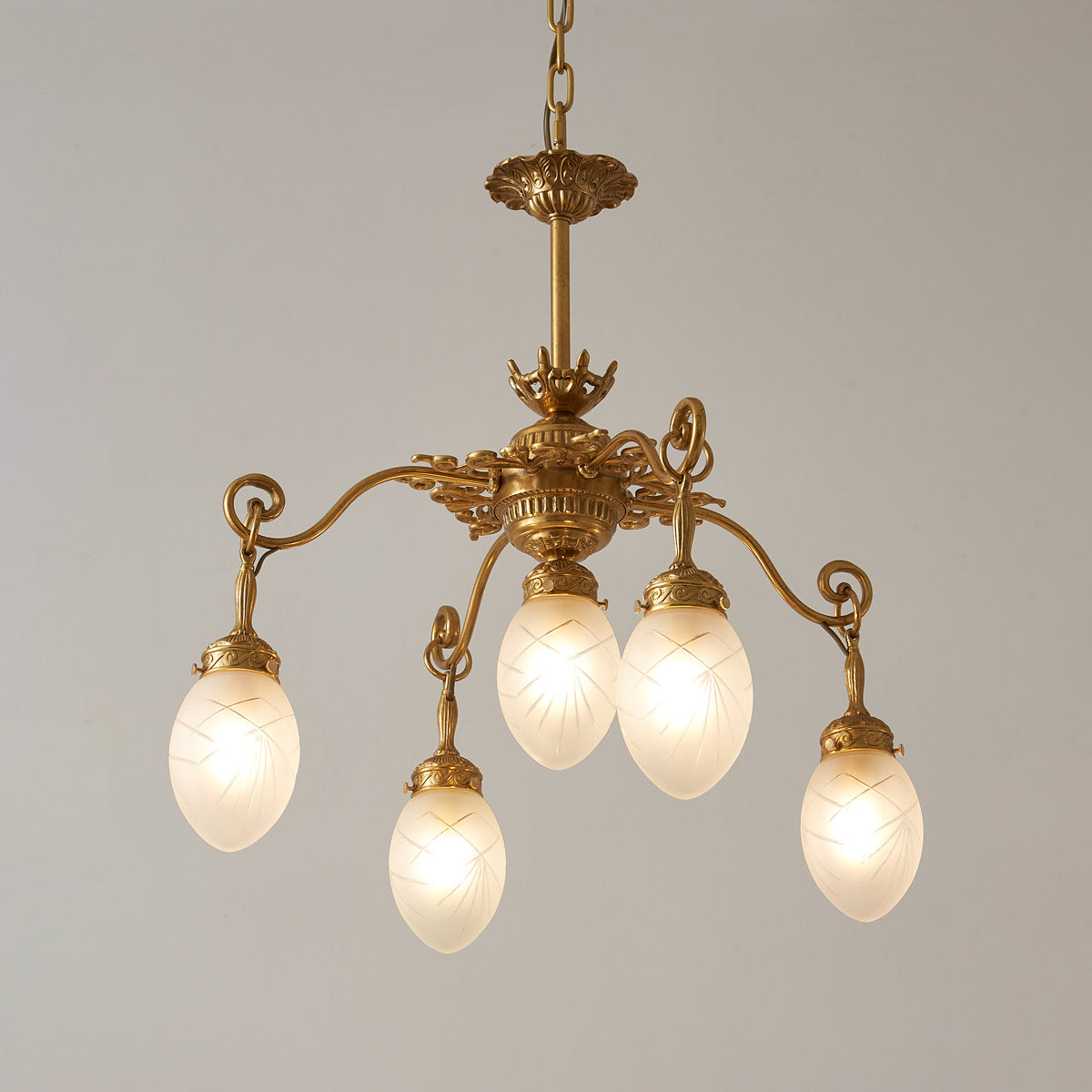Quezal Chandelier - Architectural Brass & Glass Shade Light
