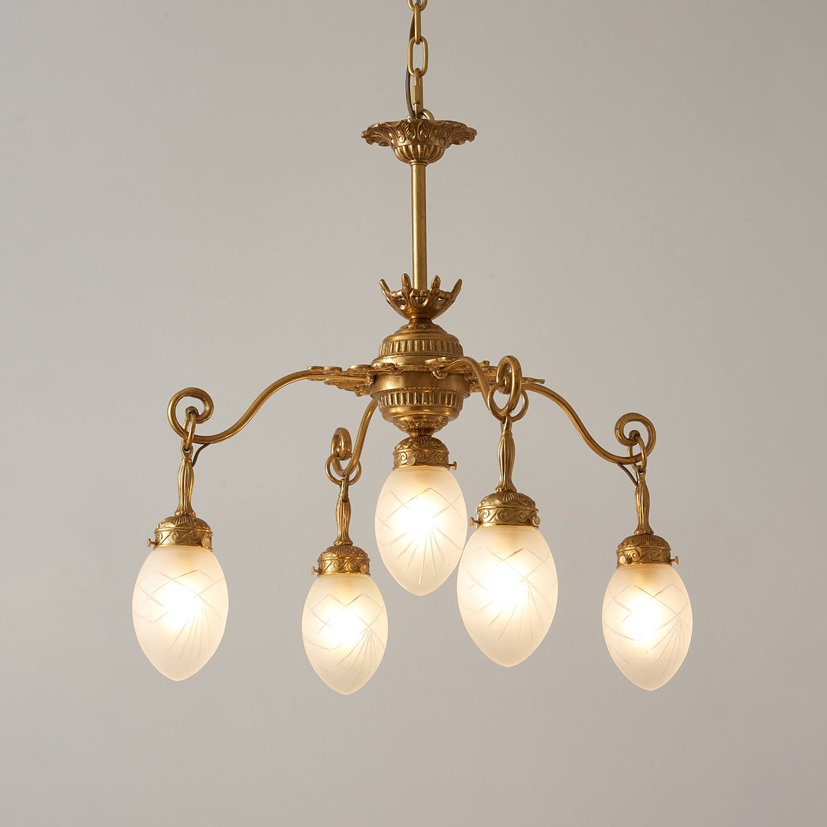 Quezal Chandelier - Architectural Brass & Glass Shade Light