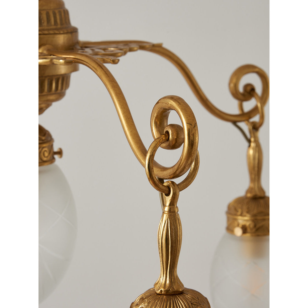 Quezal Chandelier - Architectural Brass & Glass Shade Light