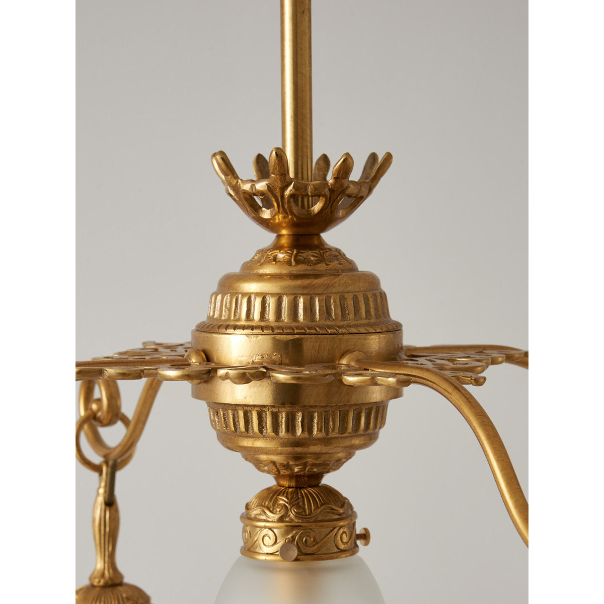 Quezal Chandelier - Architectural Brass & Glass Shade Light
