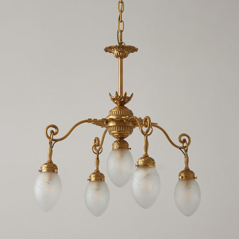 Quezal Chandelier - Architectural Brass & Glass Shade Light