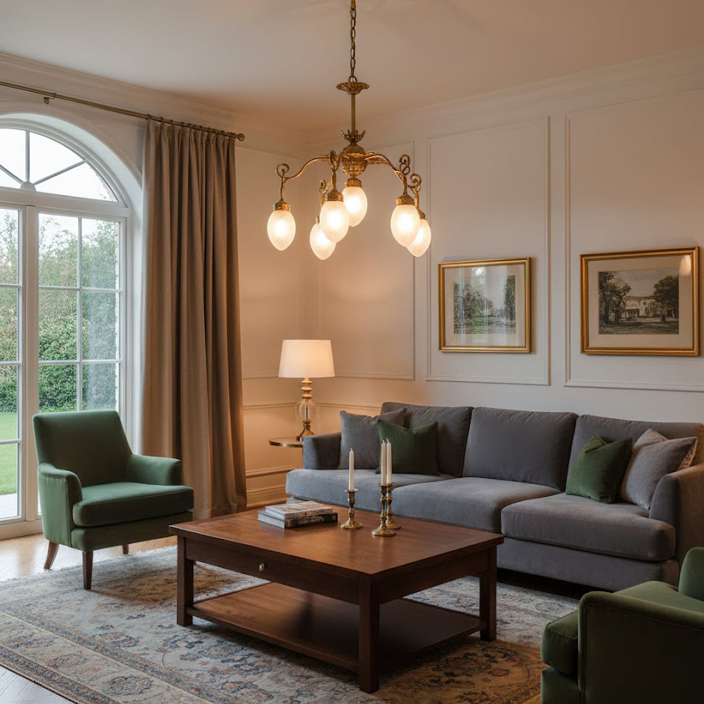 Quezal Chandelier - Architectural Brass & Glass Shade Light