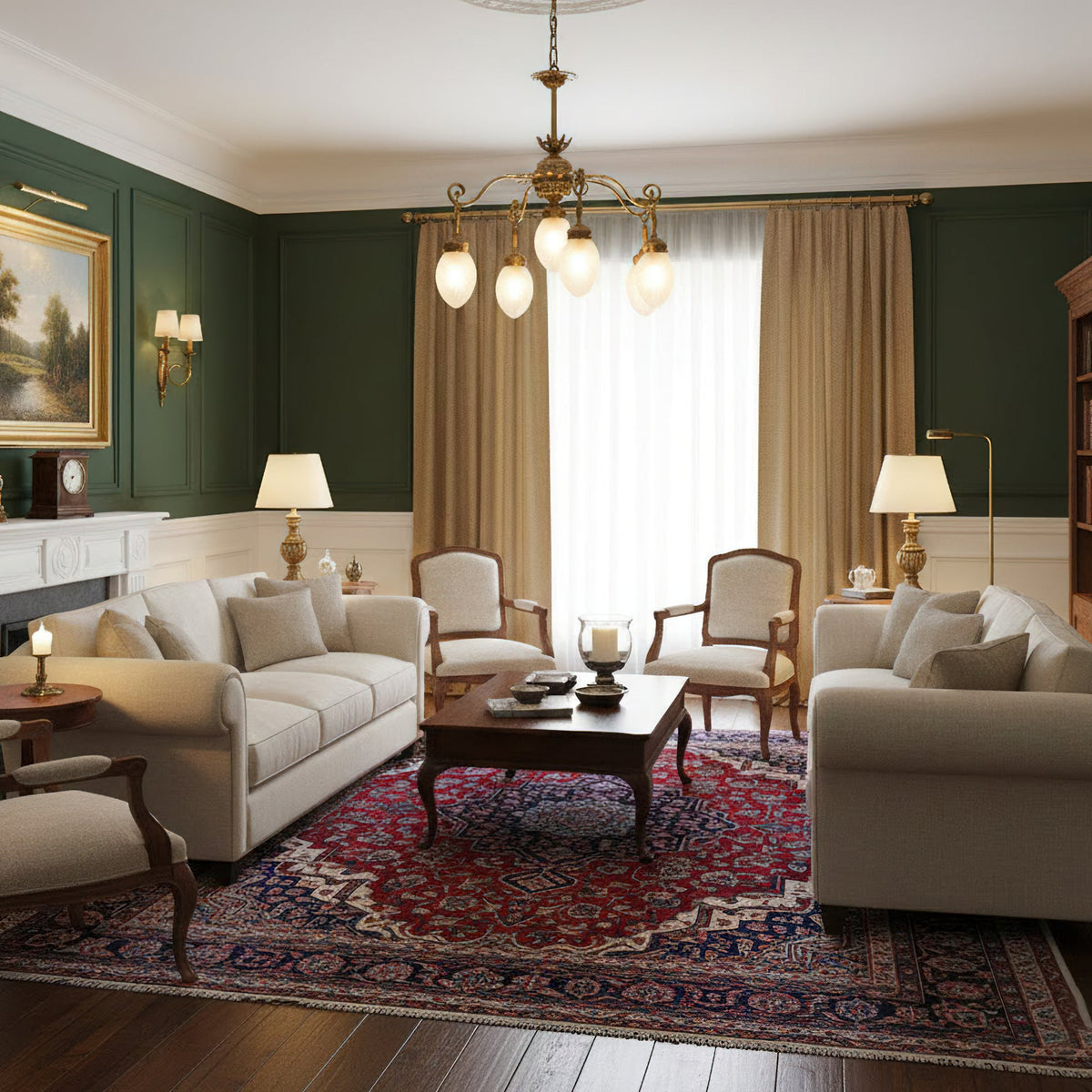 Quezal Chandelier - Architectural Brass & Glass Shade Light