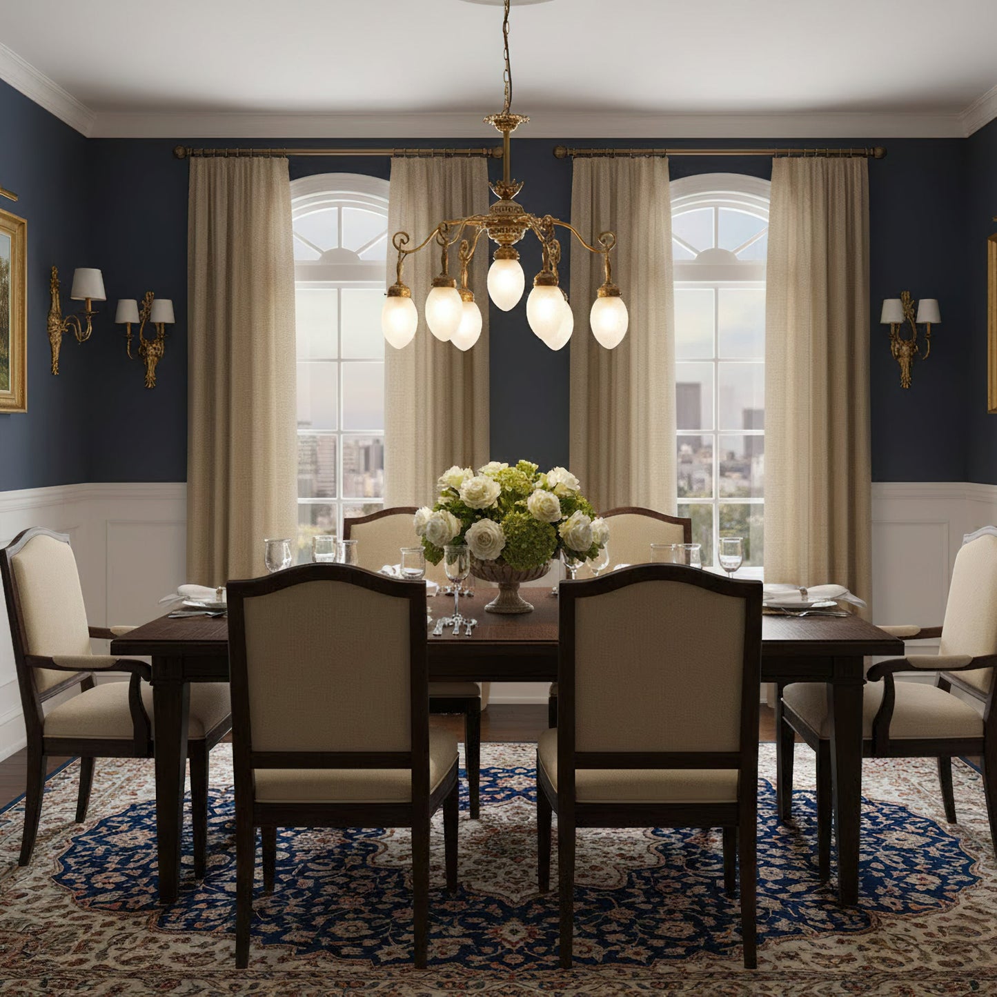 Quezal Chandelier - Architectural Brass & Glass Shade Light