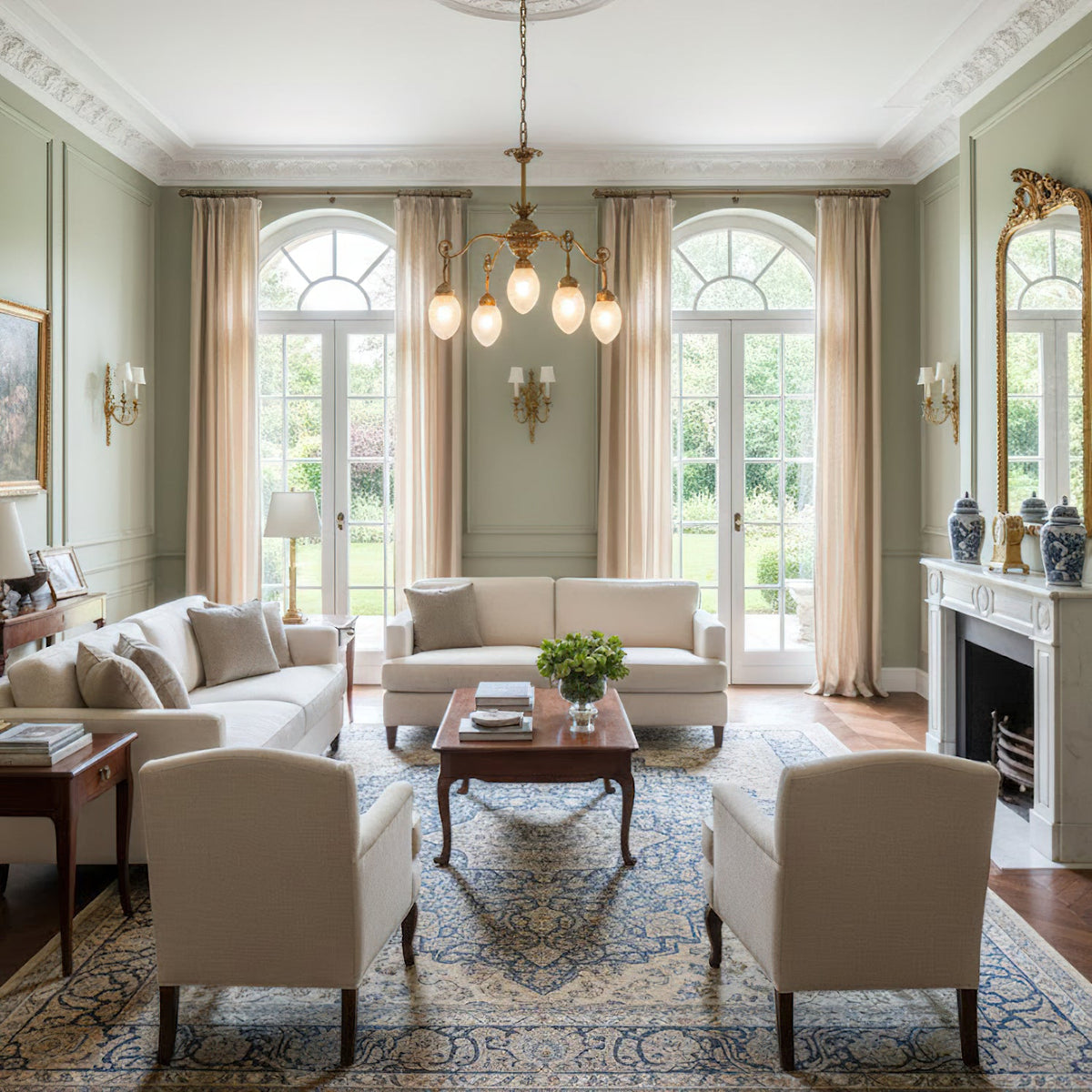 Quezal Chandelier - Architectural Brass & Glass Shade Light