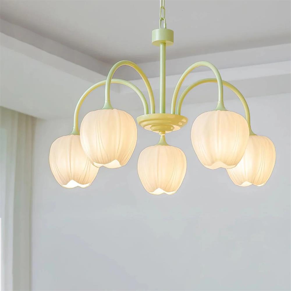 Tulip Matcha Chandelier - Fresh Matcha Green & Creamy White Glass Pendant | Modern Spring Floral Chandelier
