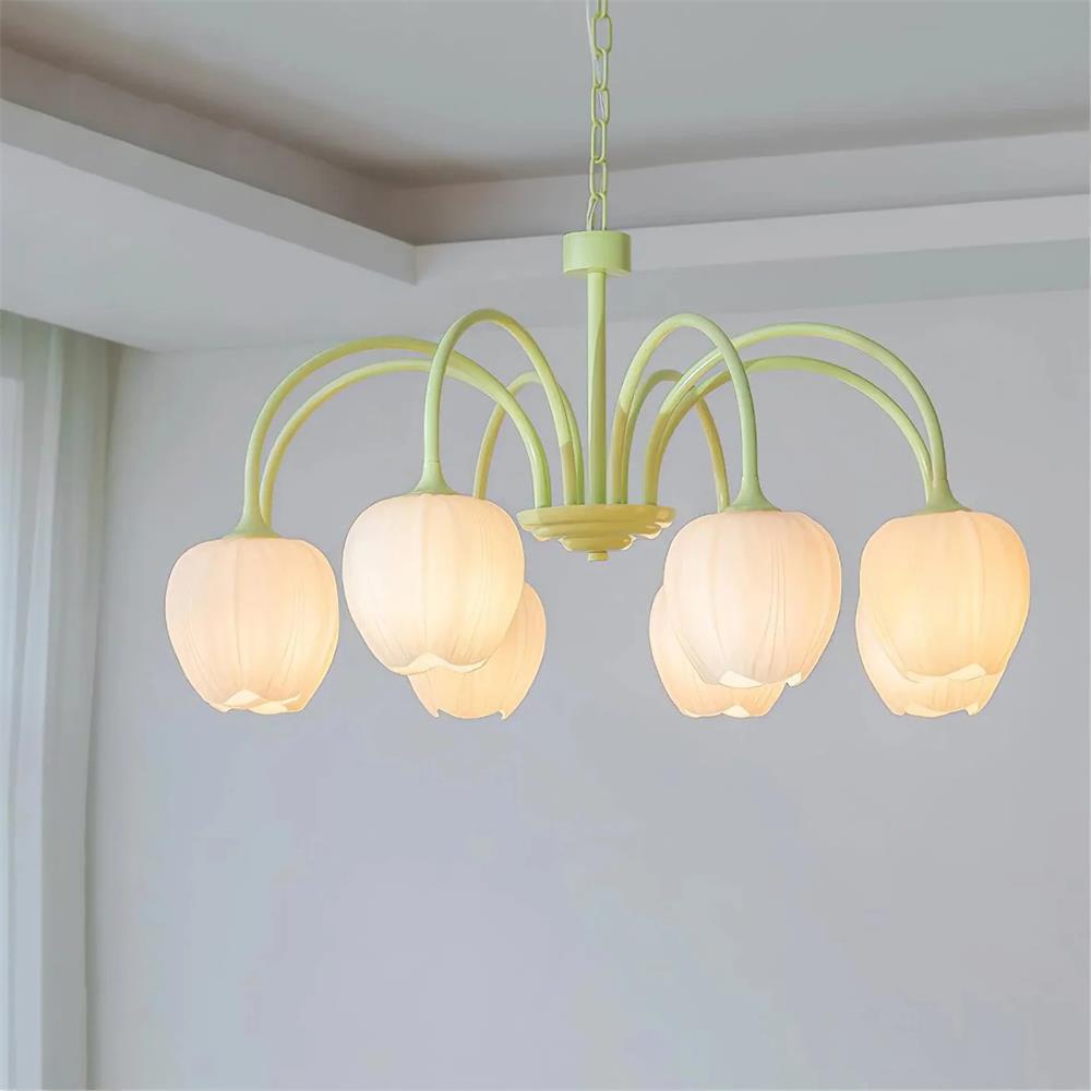 Tulip Matcha Chandelier - Fresh Matcha Green & Creamy White Glass Pendant | Modern Spring Floral Chandelier
