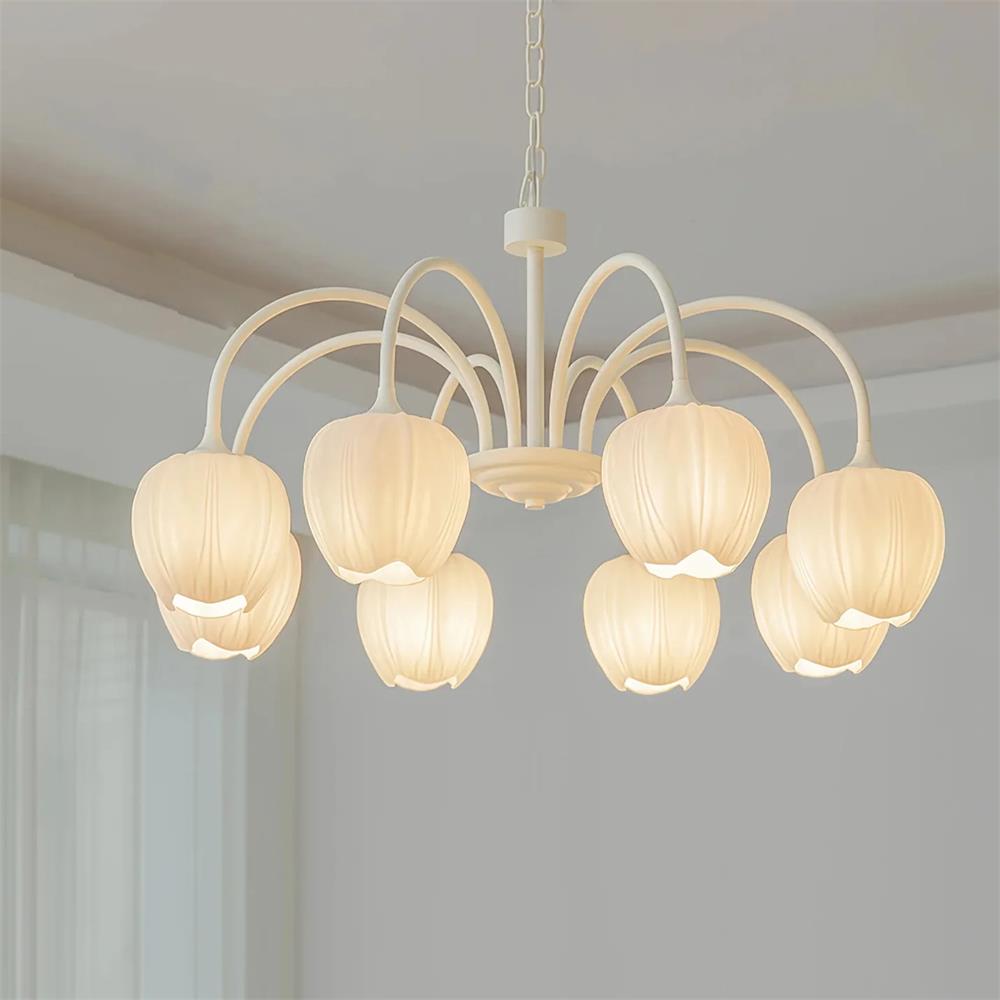 Tulip Matcha Chandelier - Fresh Matcha Green & Creamy White Glass Pendant | Modern Spring Floral Chandelier