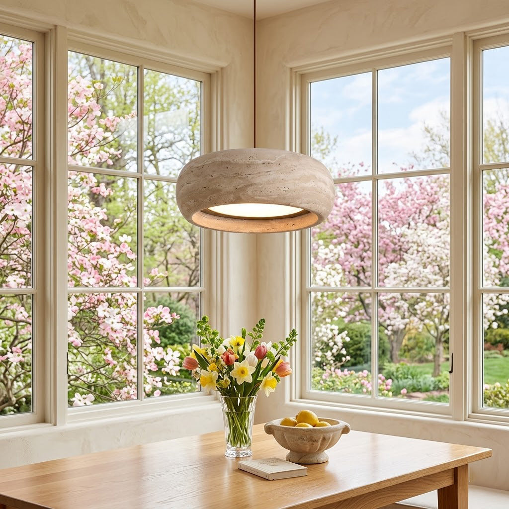 Travertine Drum Pendant Lamp - Natural Stone Disk Light | TRIAC Dimmable Integrated LED Island Pendant