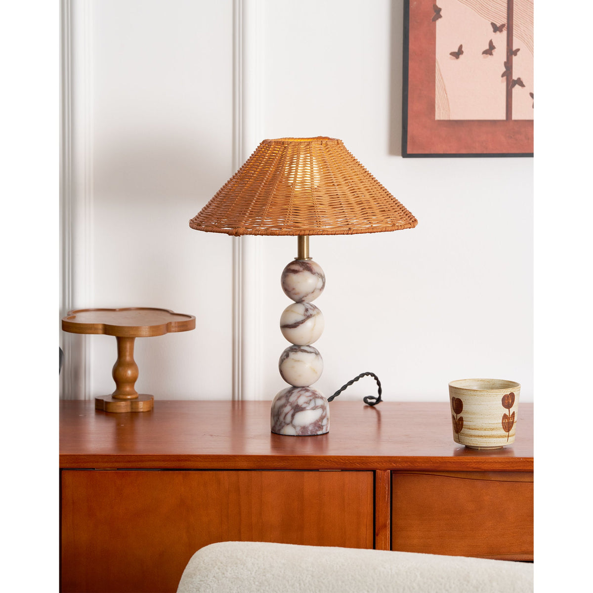 Rattan Marble Table Lamp - Italian Marble Base & Woven Shade