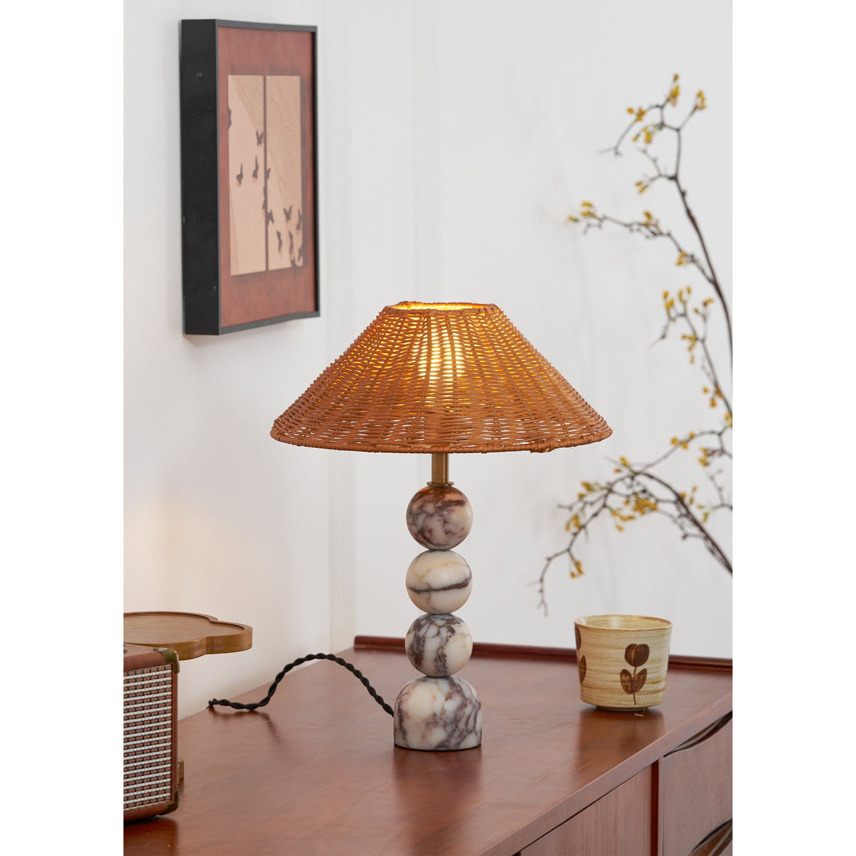 Rattan Marble Table Lamp - Italian Marble Base & Woven Shade