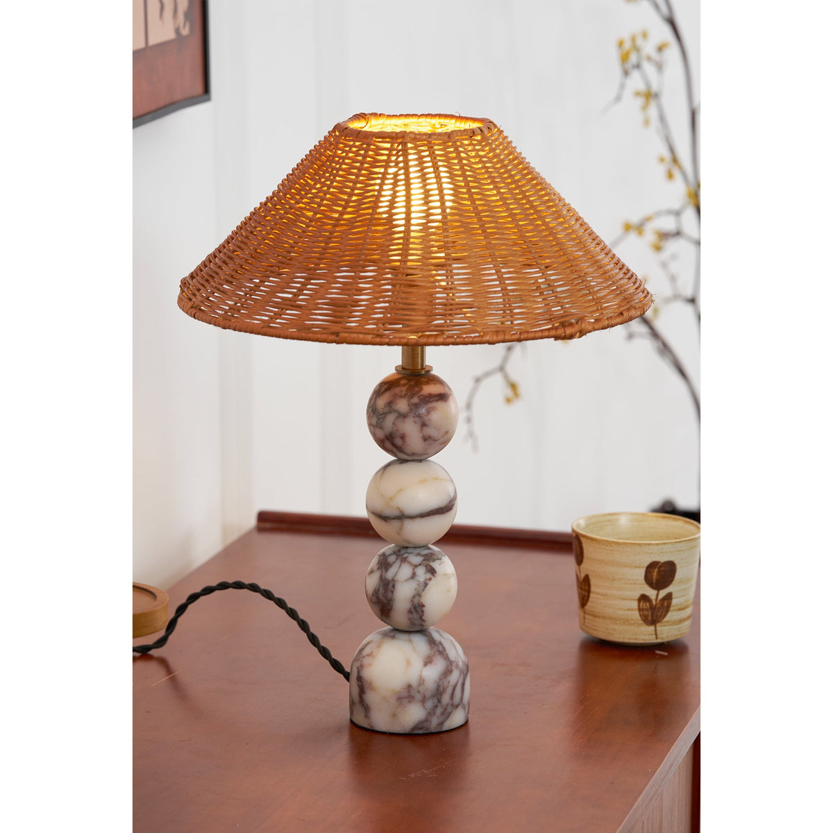 Rattan Marble Table Lamp - Italian Marble Base & Woven Shade