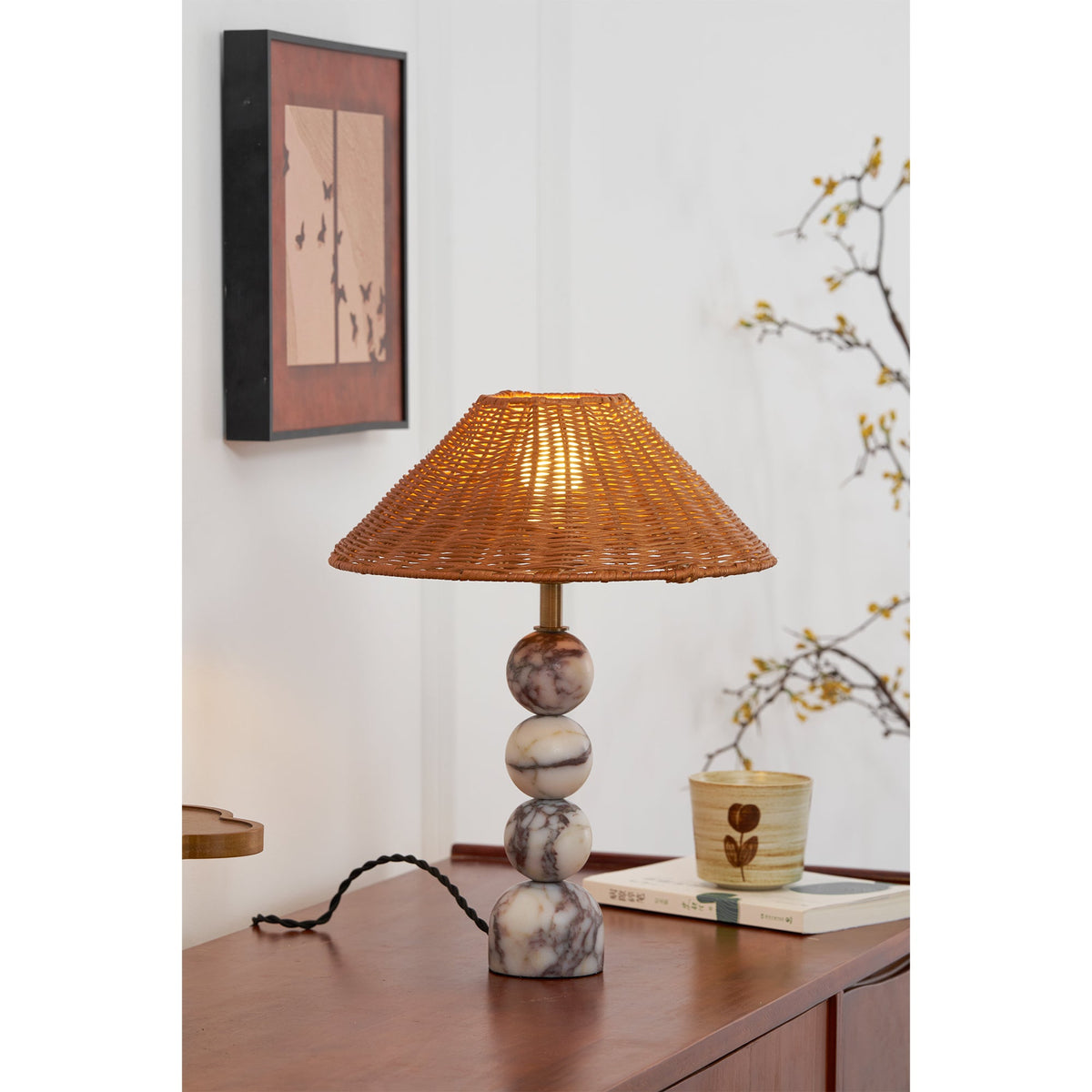 Rattan Marble Table Lamp - Italian Marble Base & Woven Shade