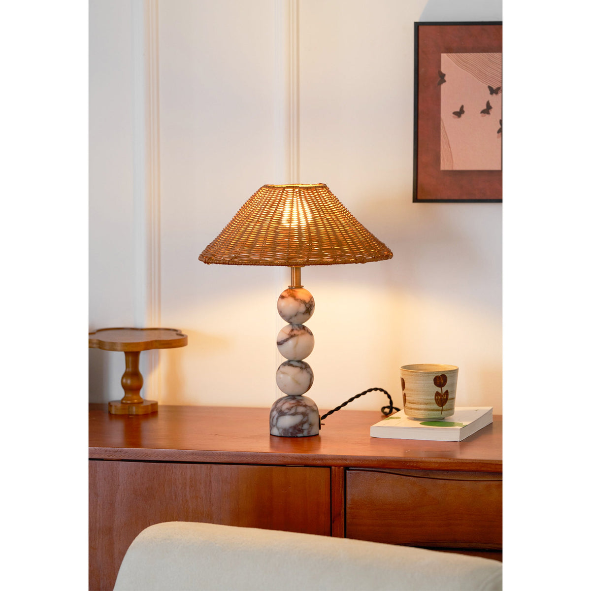 Rattan Marble Table Lamp - Italian Marble Base & Woven Shade