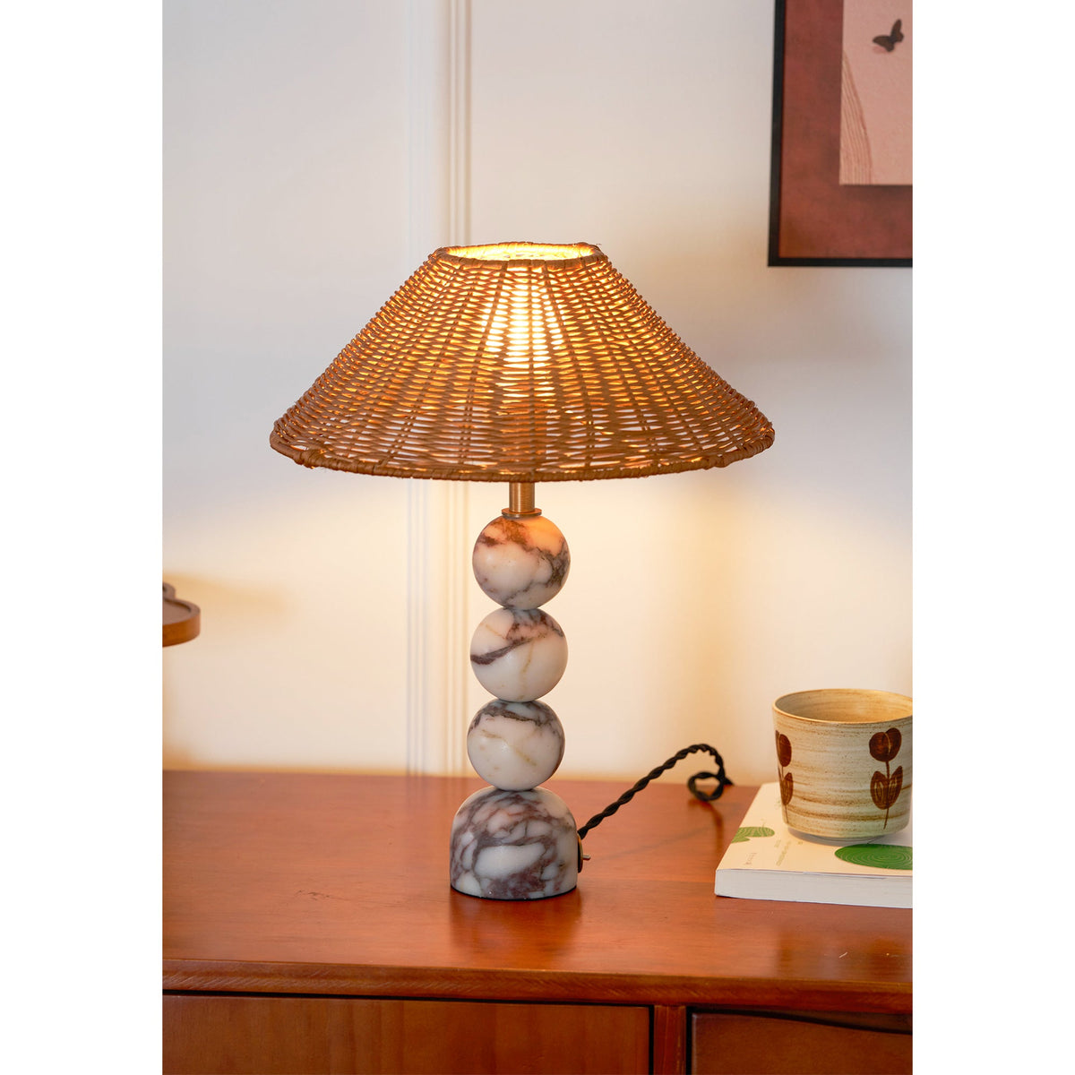 Rattan Marble Table Lamp - Italian Marble Base & Woven Shade