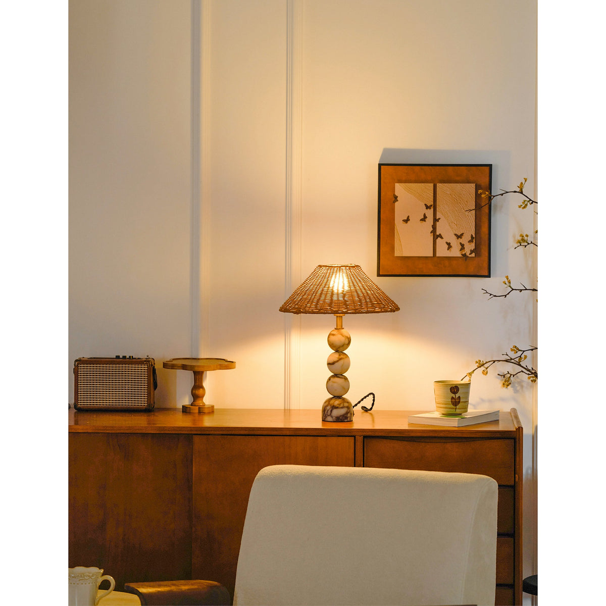 Rattan Marble Table Lamp - Italian Marble Base & Woven Shade