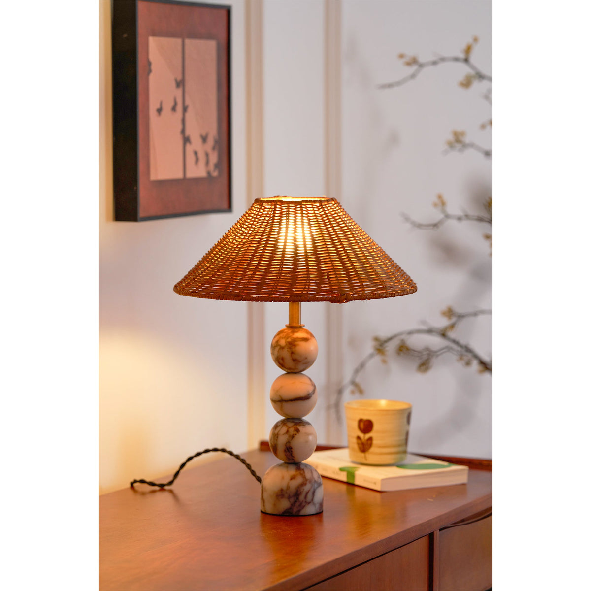 Rattan Marble Table Lamp - Italian Marble Base & Woven Shade