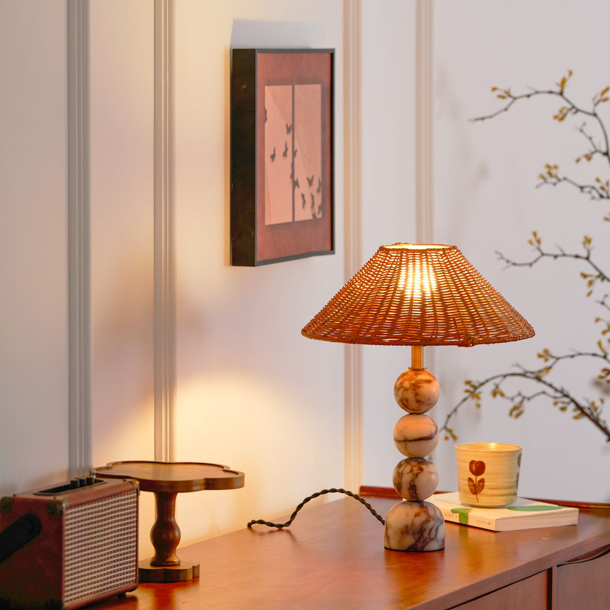 Rattan Marble Table Lamp - Italian Marble Base & Woven Shade