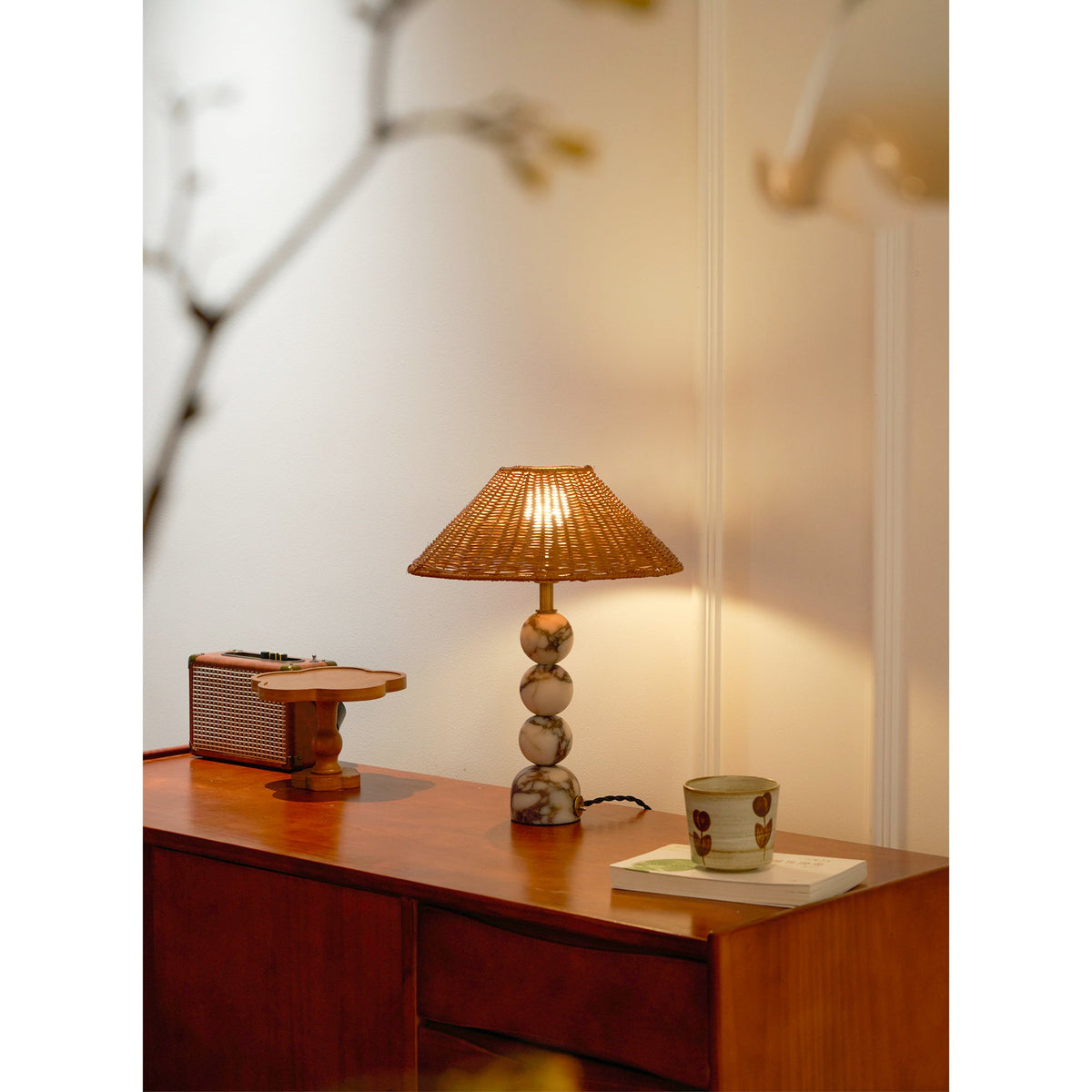 Rattan Marble Table Lamp - Italian Marble Base & Woven Shade