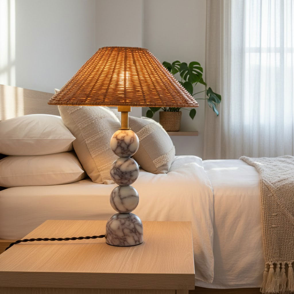 Rattan Marble Table Lamp - Italian Marble Base & Woven Shade
