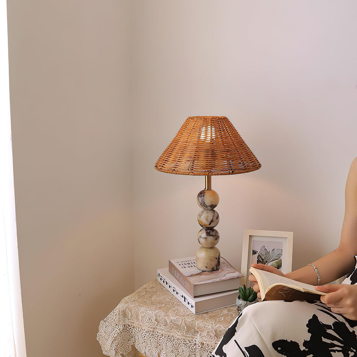 Rattan Marble Table Lamp - Italian Marble Base & Woven Shade