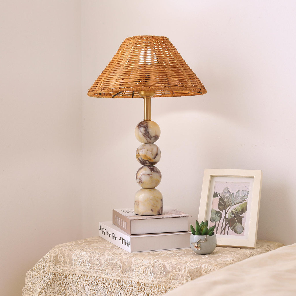Rattan Marble Table Lamp - Italian Marble Base & Woven Shade