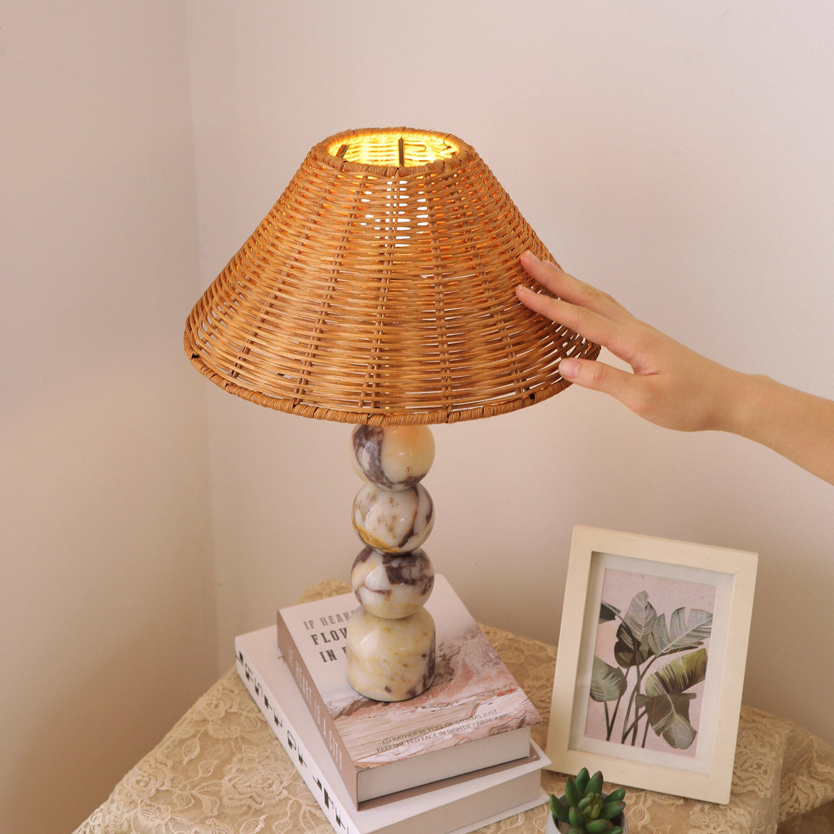 Rattan Marble Table Lamp - Italian Marble Base & Woven Shade