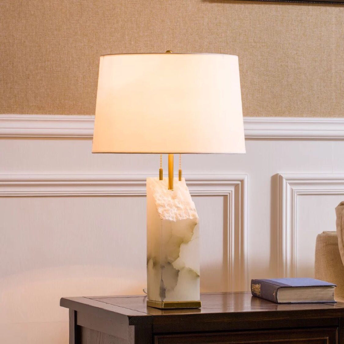Raw Alabaster Table Lamp - Natural Stone Base & Linen Shade