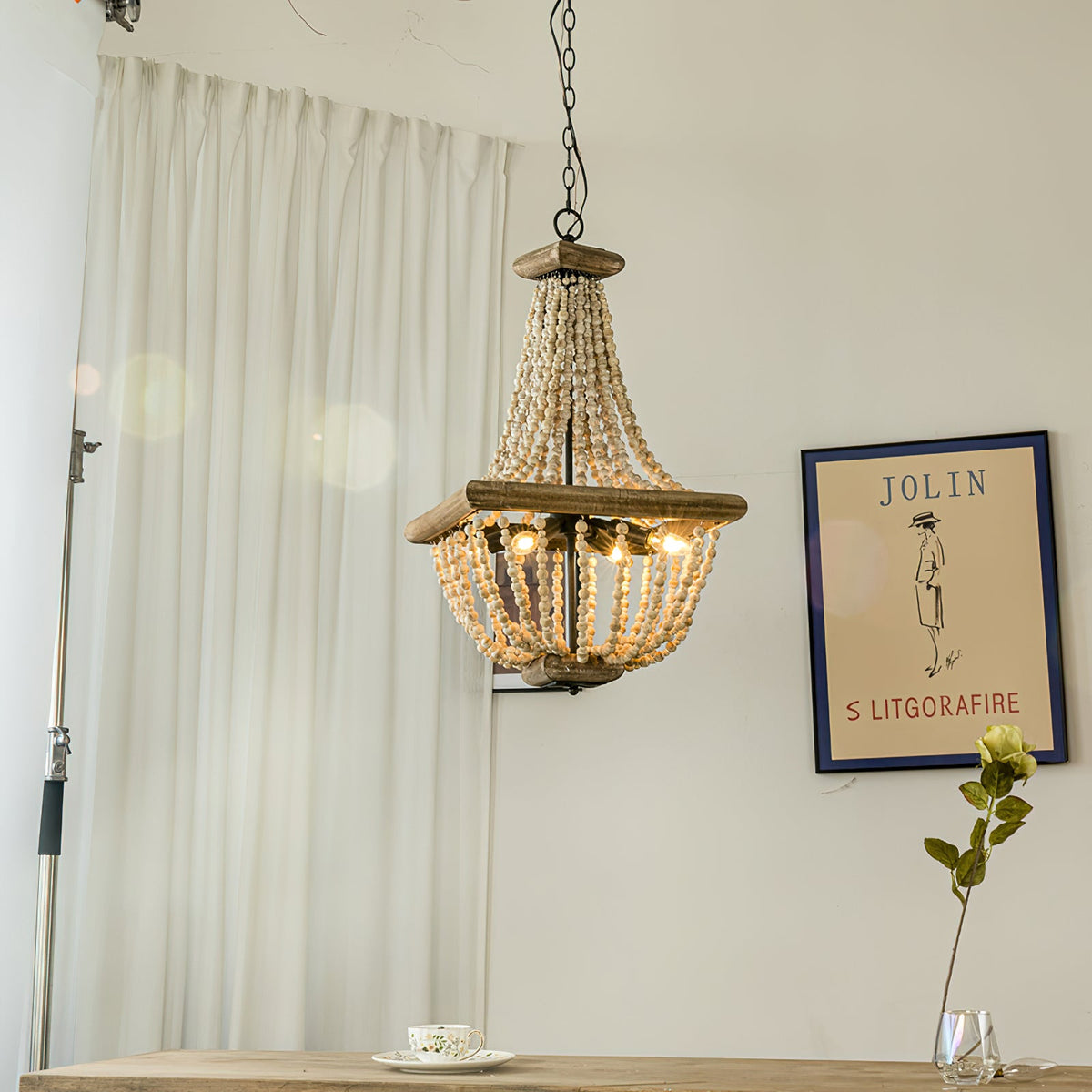 Regas Chandelier - Distressed Wooden Bead Tiered Light
